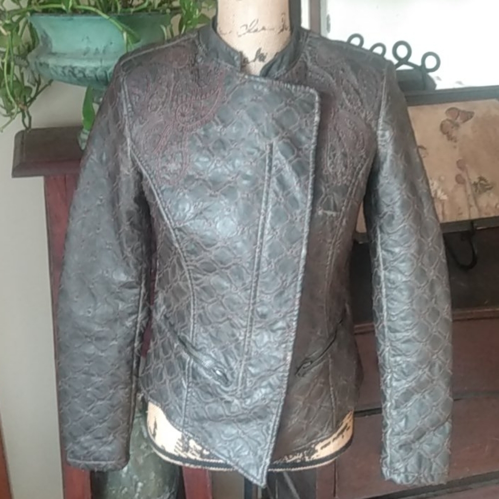 A.B.S. by Allen Schwartz Brown Faux Leather Distressed Moto Jacket